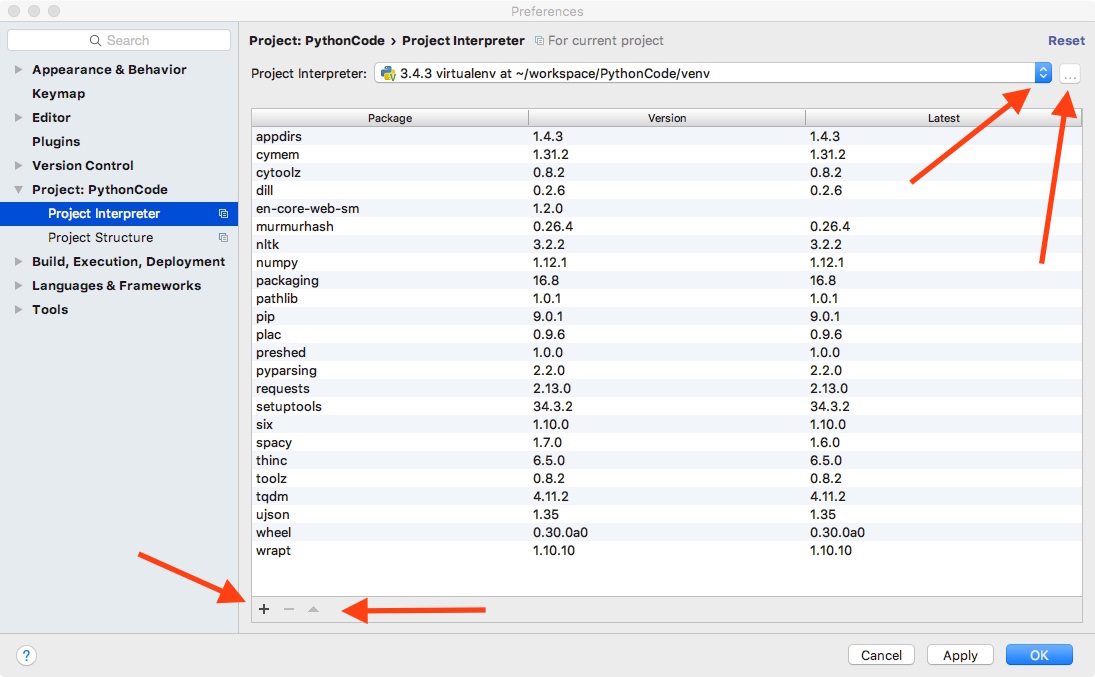 The PyCharm project interpreter window